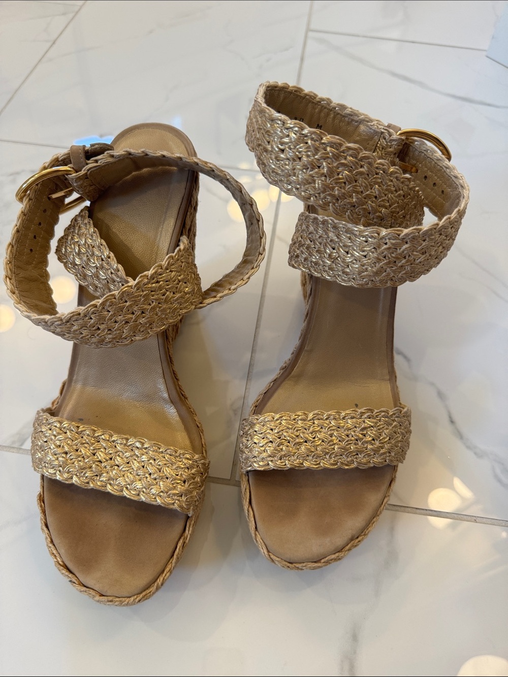 Stuart Weitzman Braided Straw Wedge Sandals in Natural